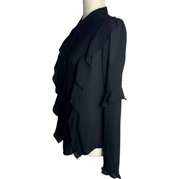 Avec Les Filles Button Down Shirt S Black Accordion Pleat Ruffles Long Sleeves - Picture 3 of 6